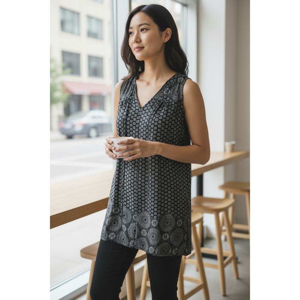 Umgee black and white floral medallion Sleeveless  top Small
